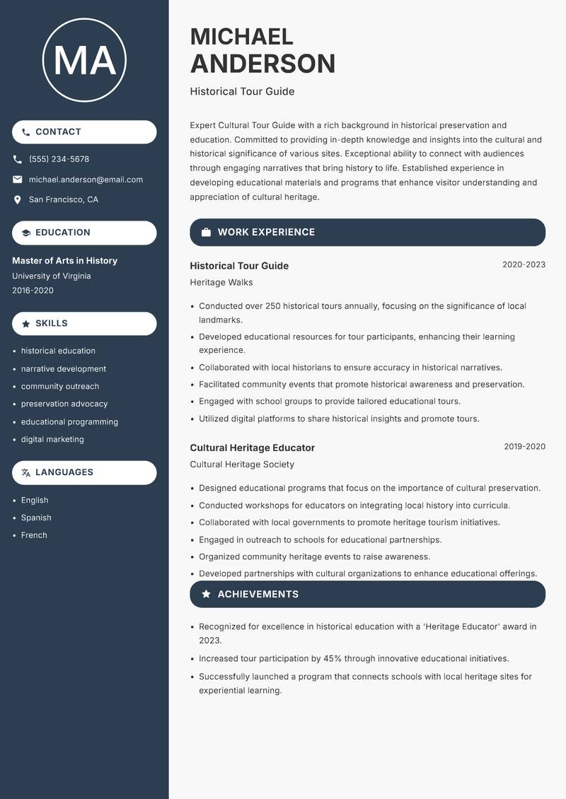 Cultural Tour Guide Resume Preview Example