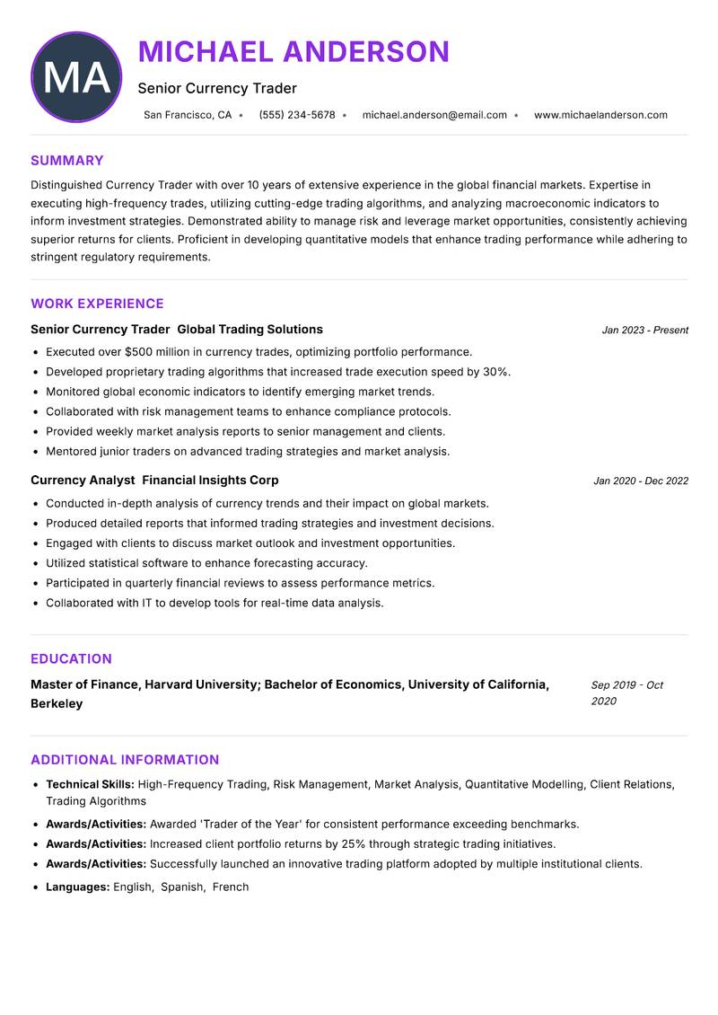 Currency Trader Resume Preview Example