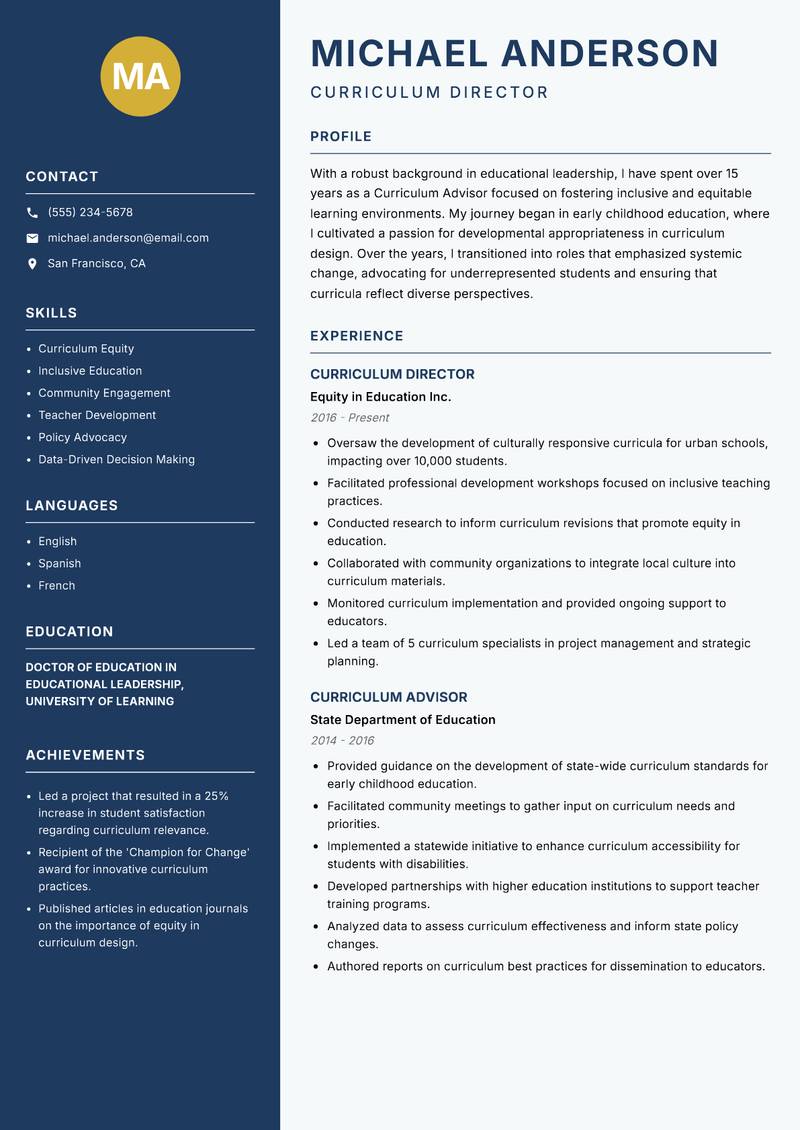 Curriculum Advisor Resume Preview Example