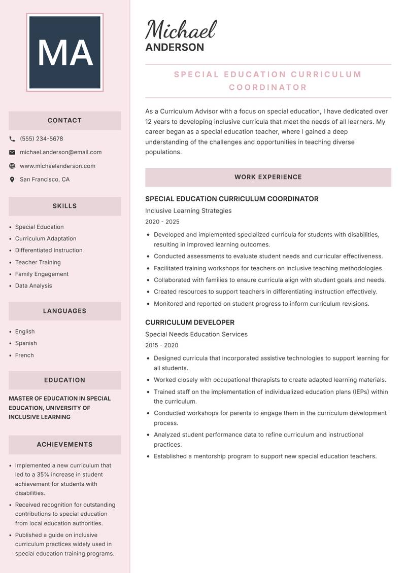 Curriculum Advisor Resume Preview Example