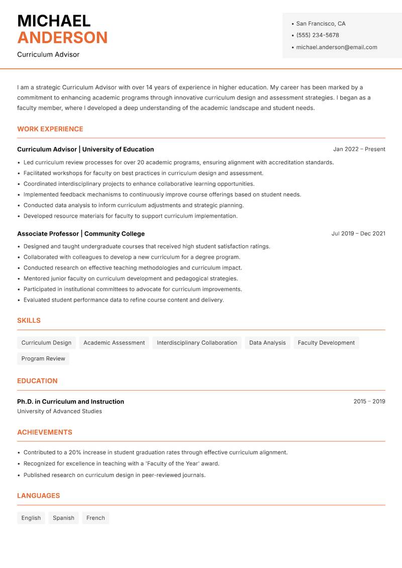 Curriculum Advisor Resume Template