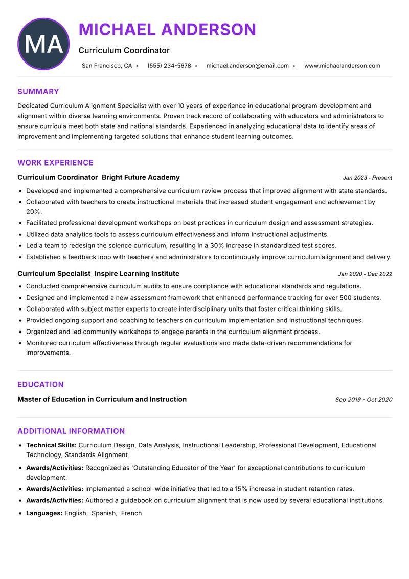 Curriculum Alignment Specialist Resume Preview Example