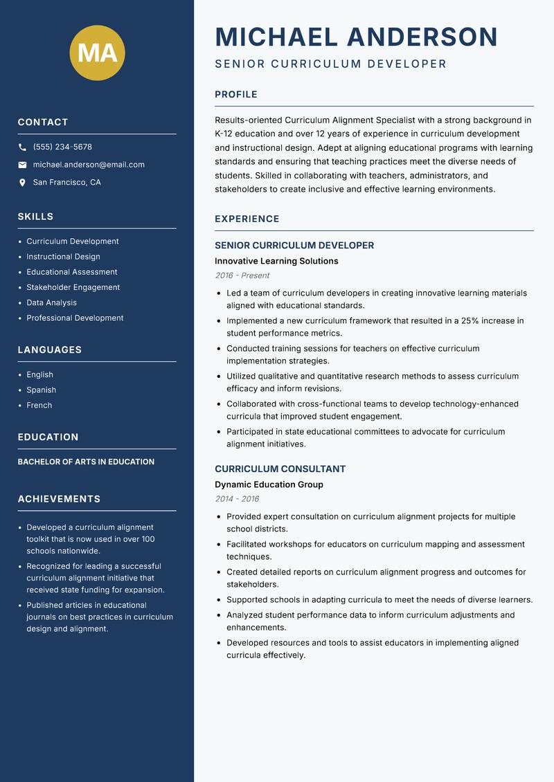 Curriculum Alignment Specialist Resume Preview Example