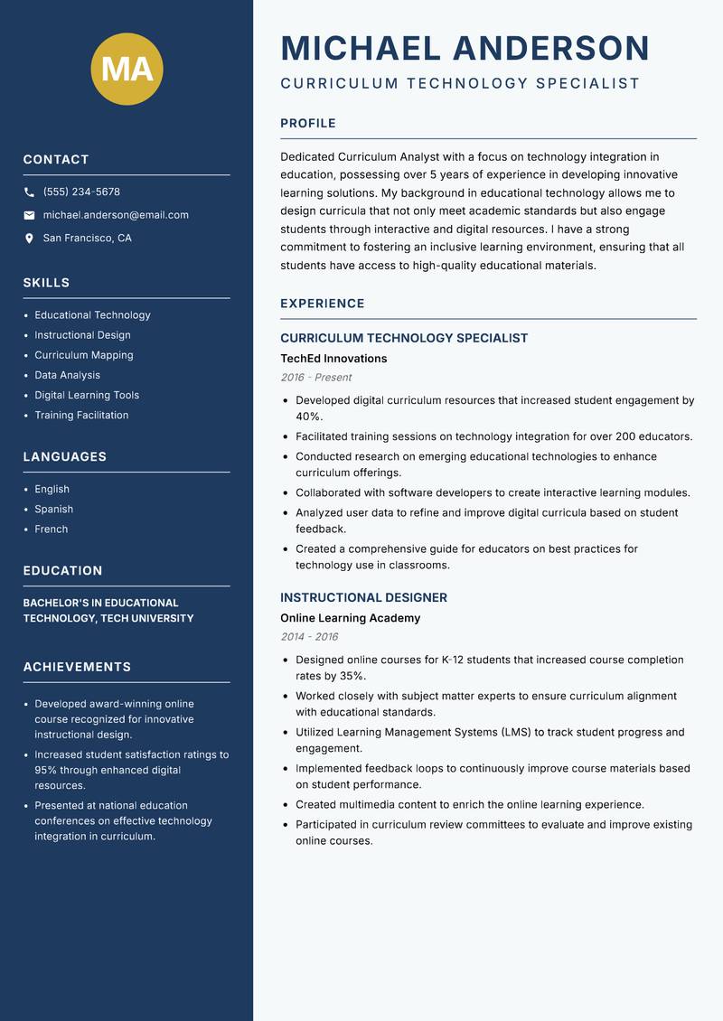 Curriculum Analyst Resume Preview Example