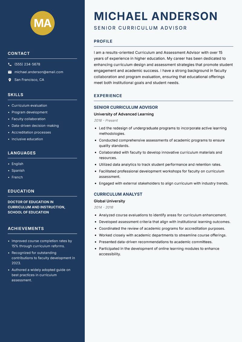 Curriculum and Assessment Advisor Resume Preview Example