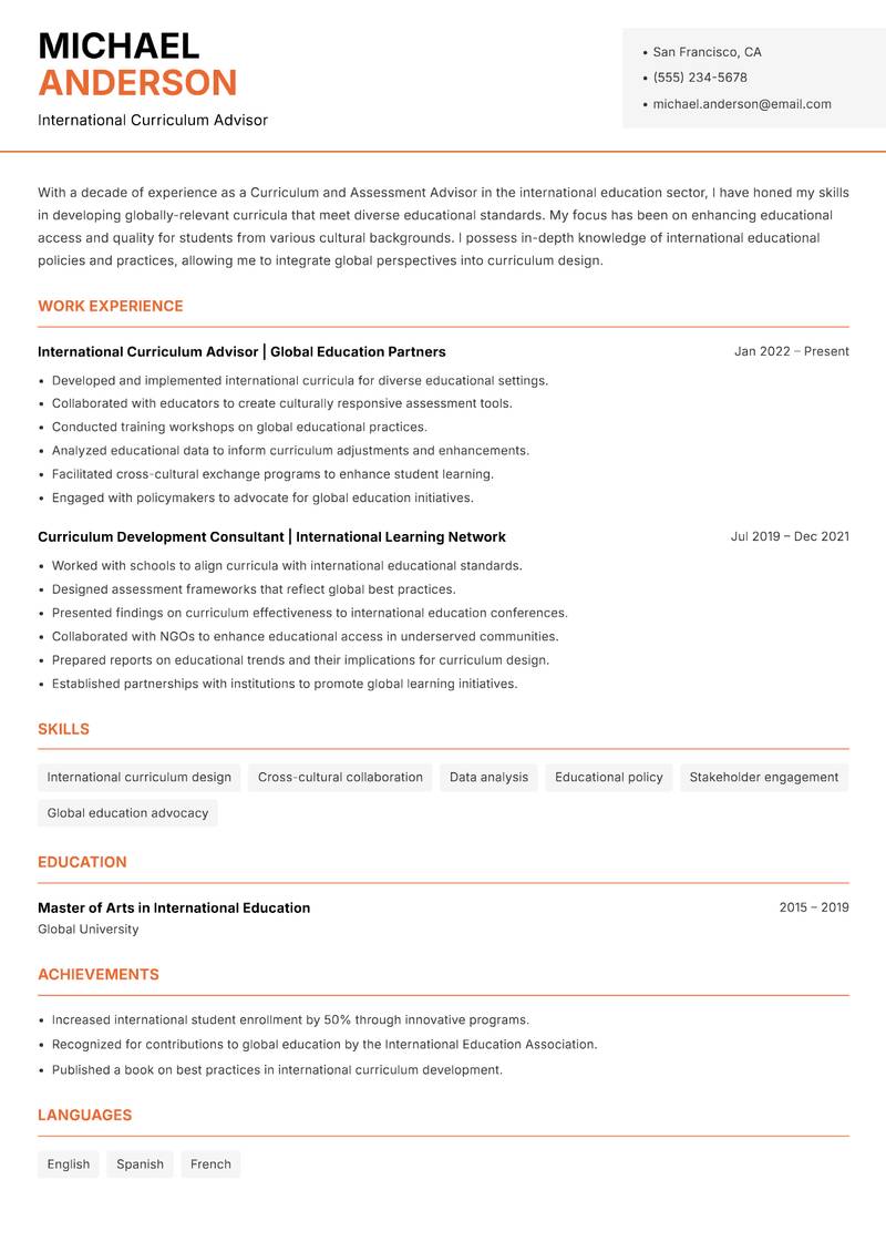 Curriculum and Assessment Advisor Resume Template