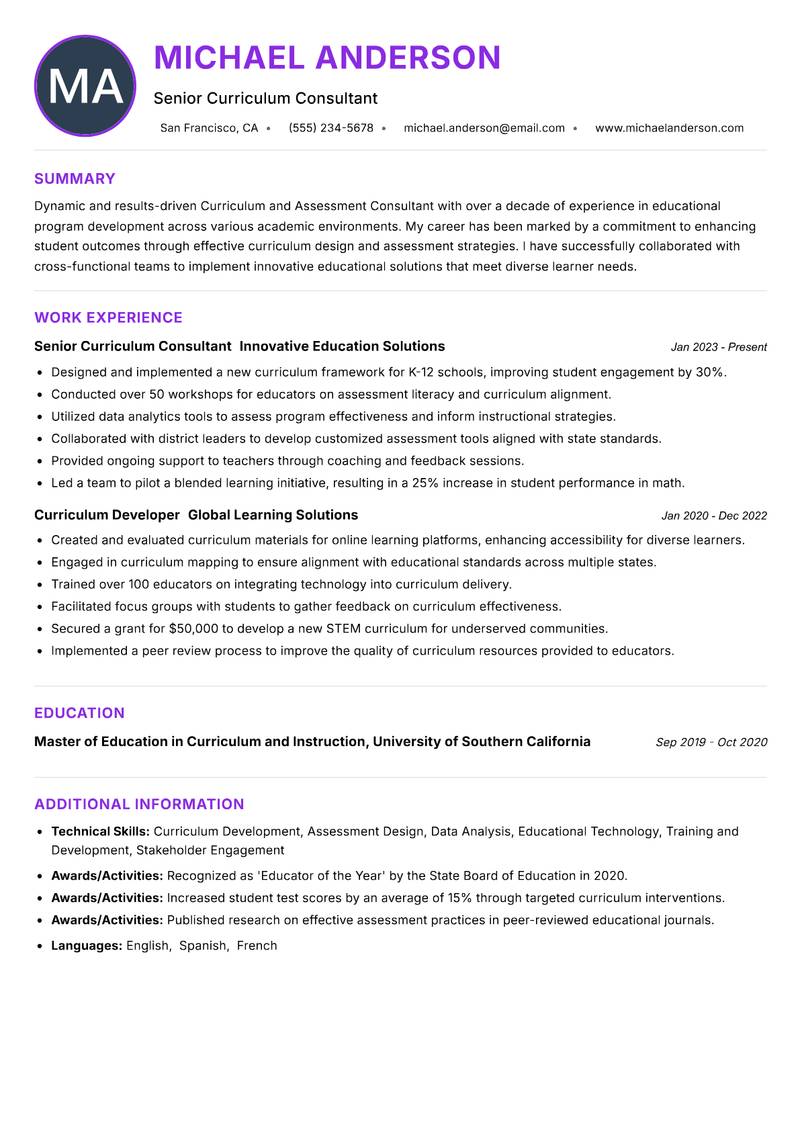 Curriculum and Assessment Consultant Resume Preview Example