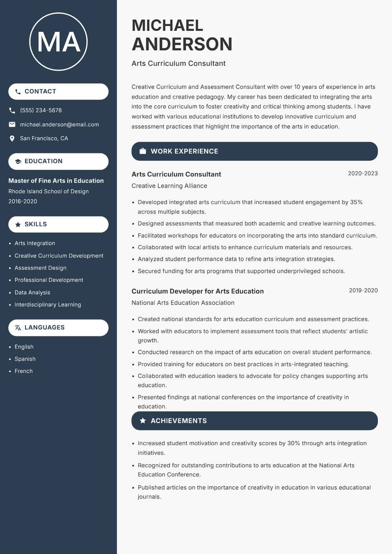 Curriculum and Assessment Consultant Resume Preview Example