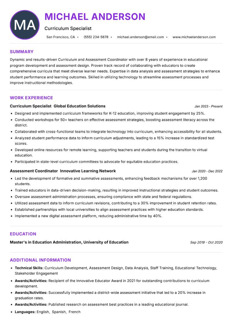 Curriculum and Assessment Coordinator Resume Preview Example