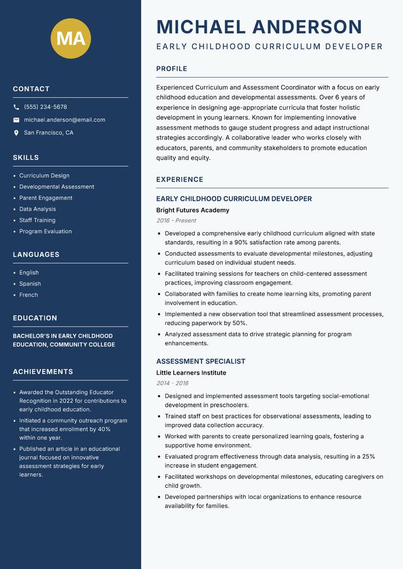 Curriculum and Assessment Coordinator Resume Preview Example