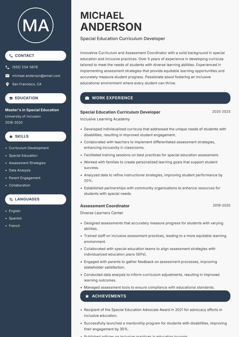 Curriculum and Assessment Coordinator Resume Preview Example