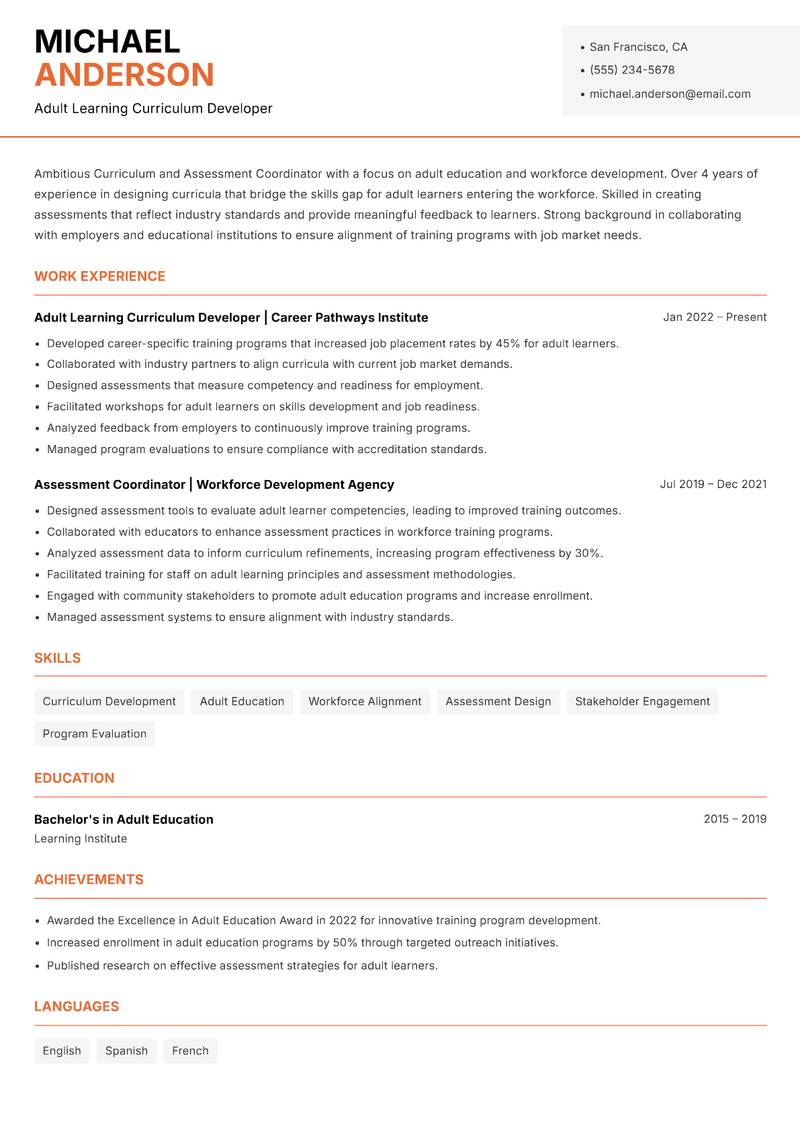 Curriculum and Assessment Coordinator Resume Template