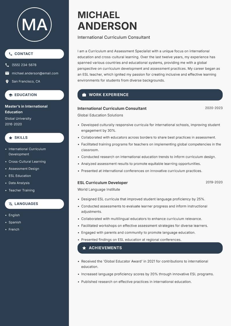 Curriculum and Assessment Specialist Resume Preview Example