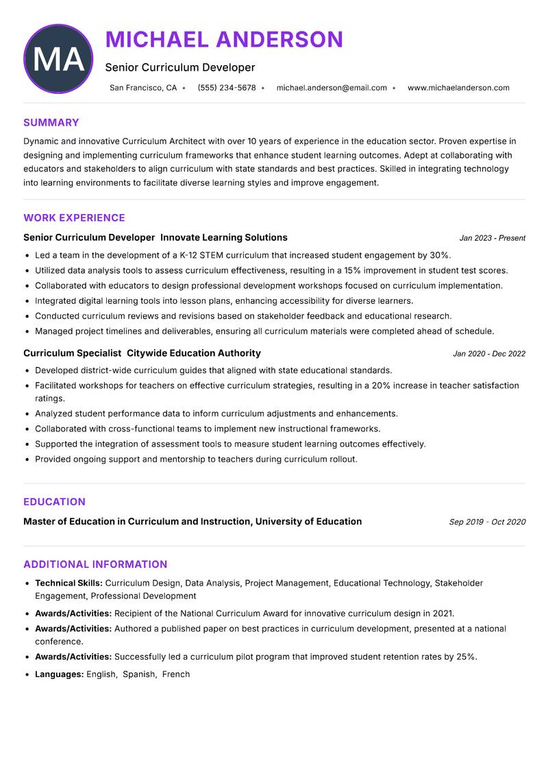 Curriculum Architect Resume Preview Example