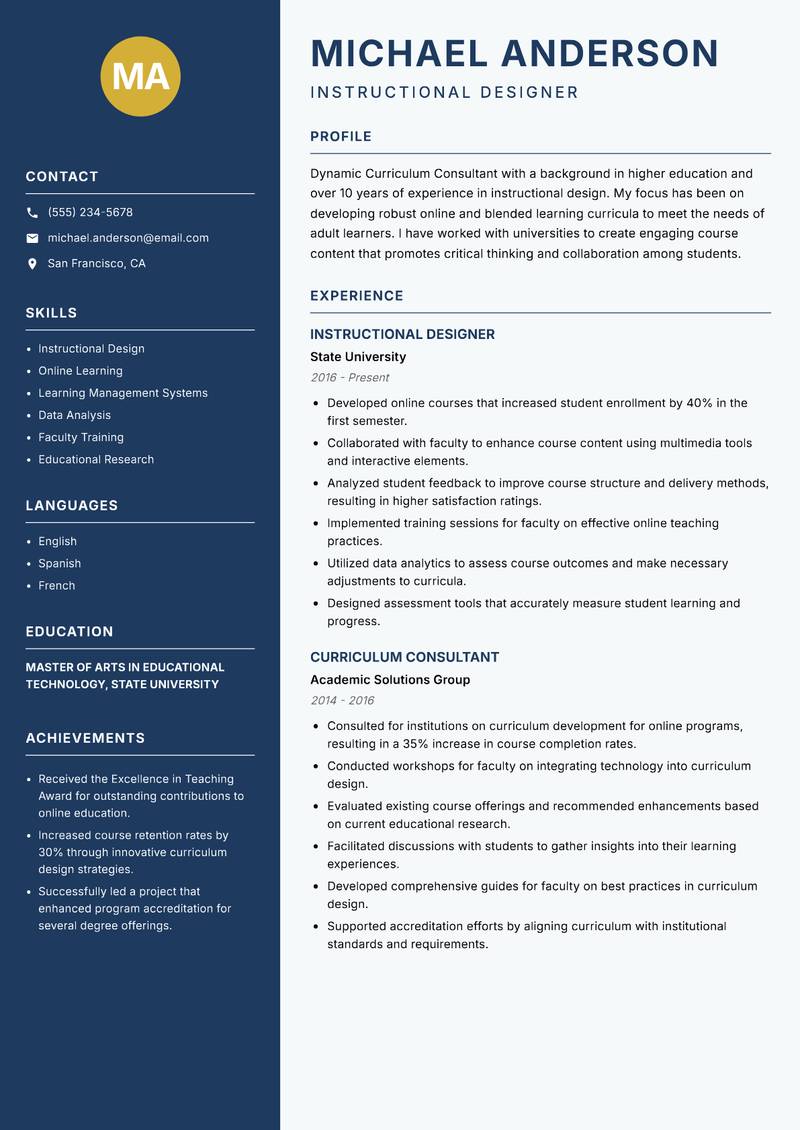 Curriculum Consultant Resume Preview Example