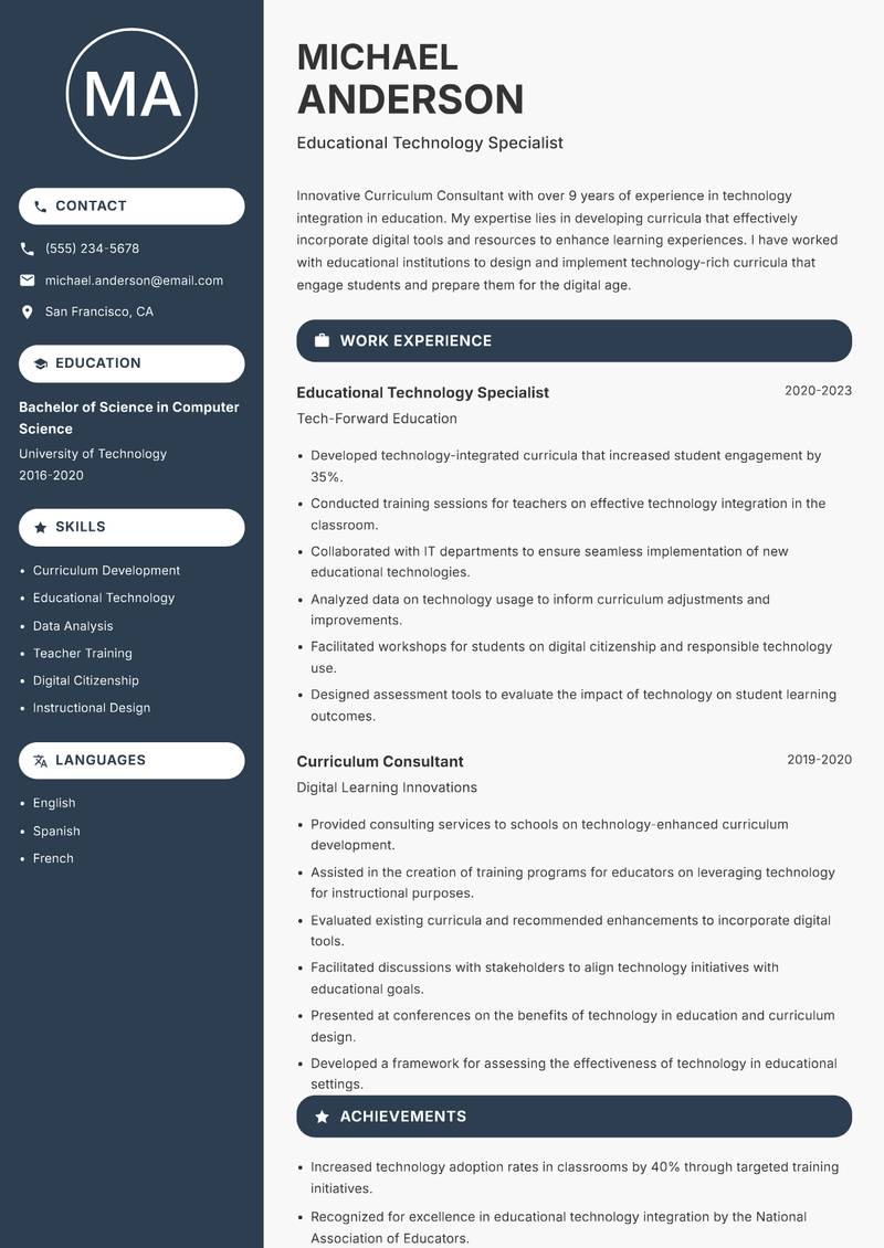 Curriculum Consultant Resume Preview Example