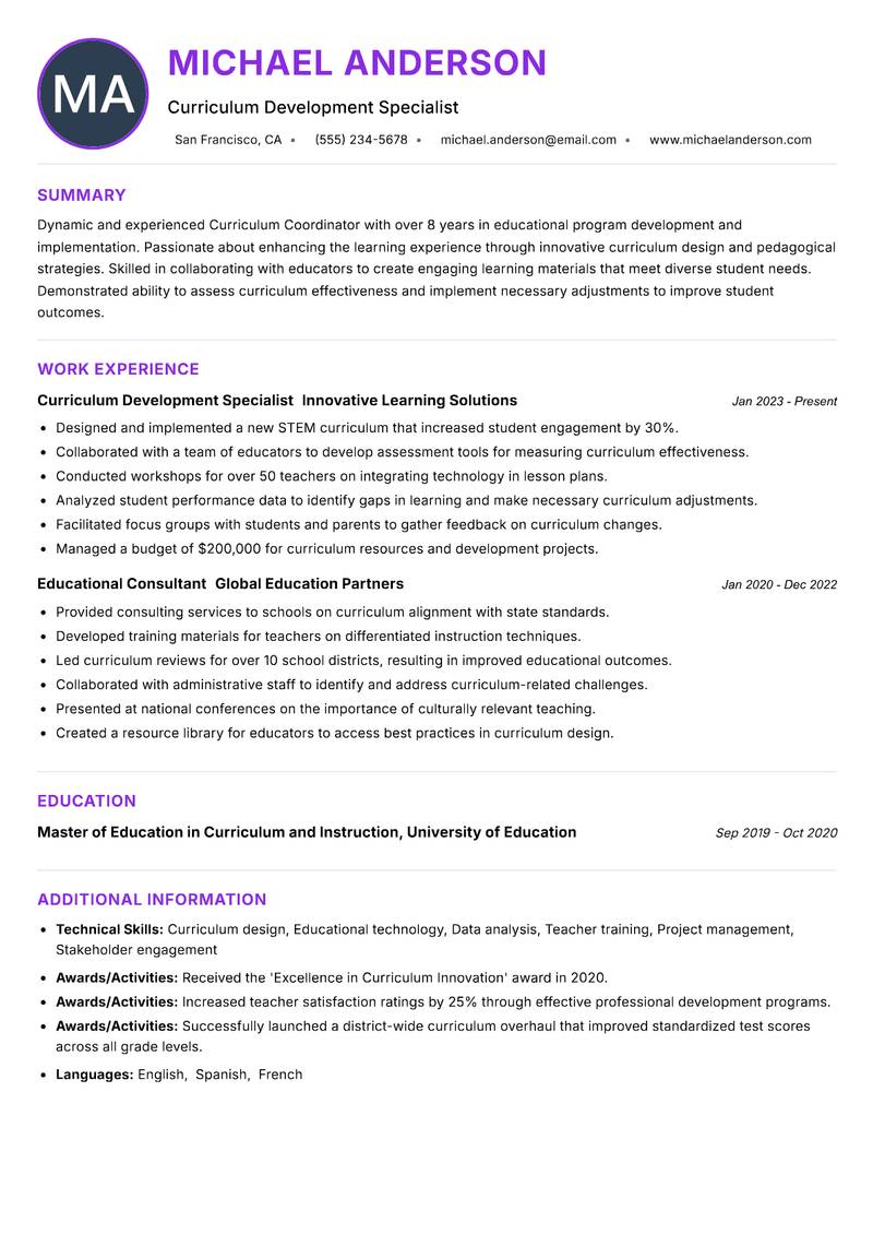 Curriculum Coordinator Resume Preview Example