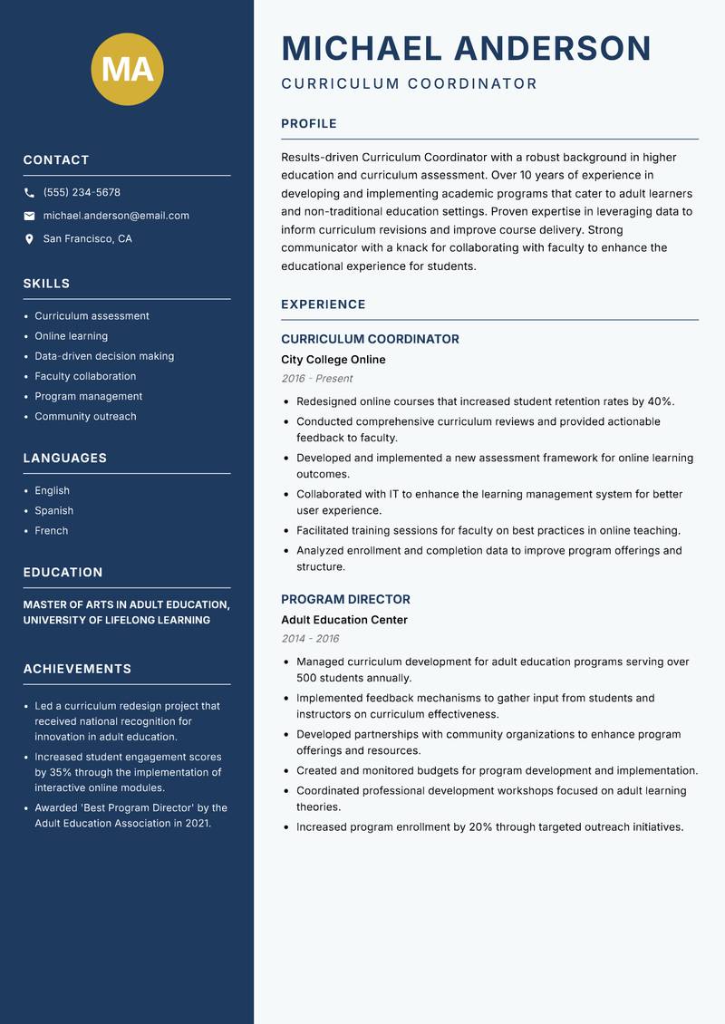 Curriculum Coordinator Resume Preview Example