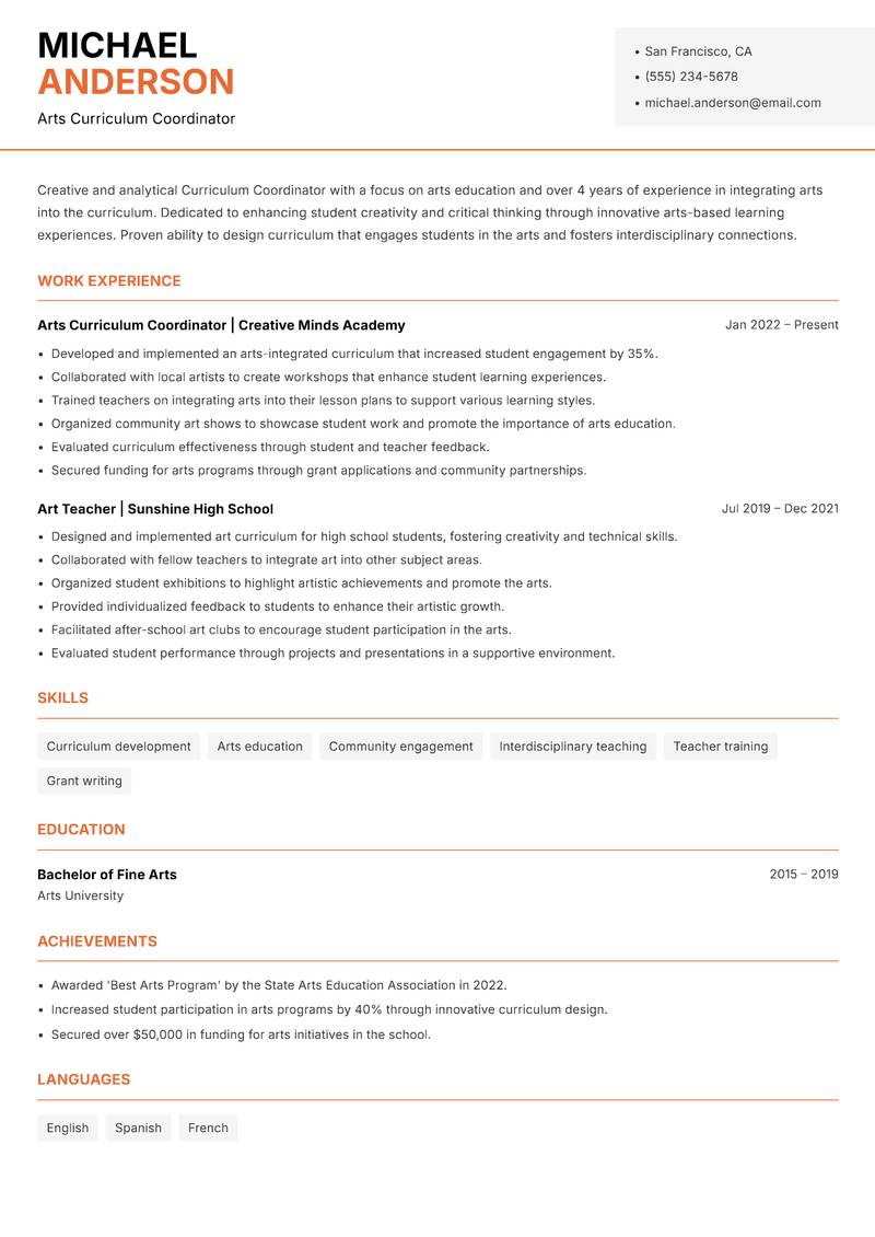 Curriculum Coordinator Resume Template