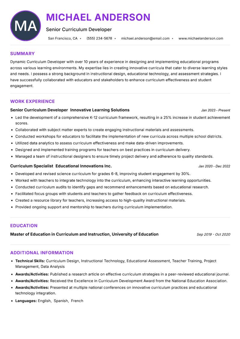 Curriculum Developer Resume Preview Example