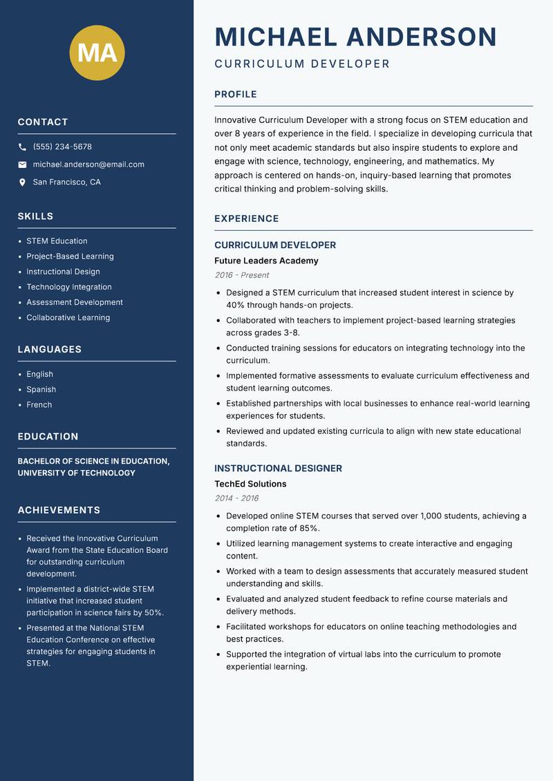 Curriculum Developer Resume Preview Example