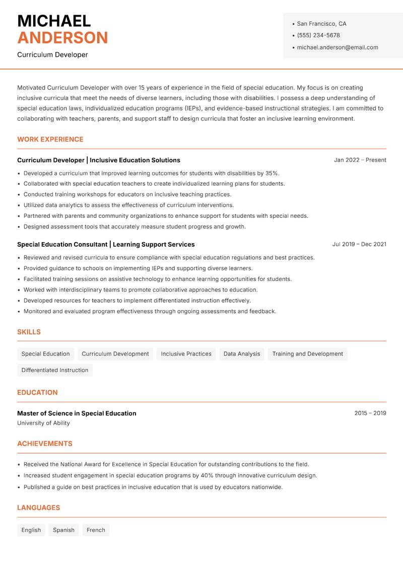 Curriculum Developer Resume Template