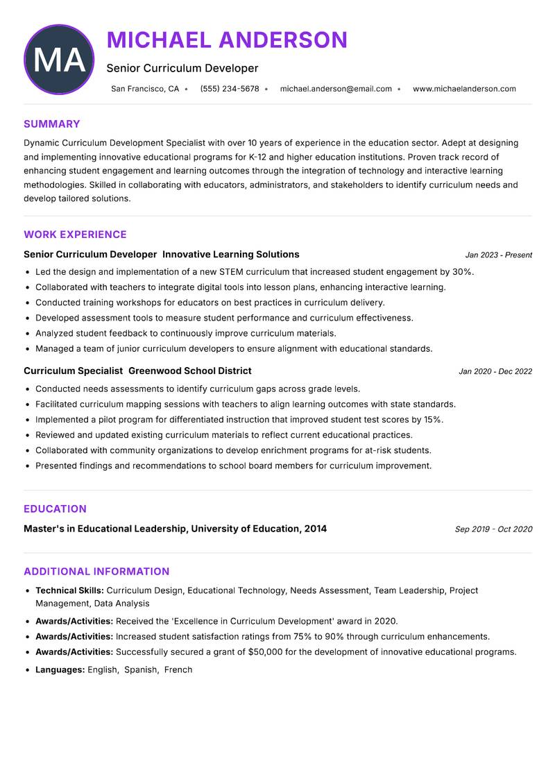 Curriculum Development Specialist Resume Preview Example