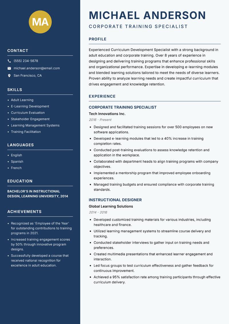 Curriculum Development Specialist Resume Preview Example