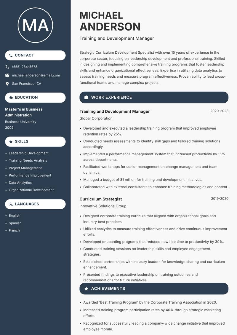 Curriculum Development Specialist Resume Preview Example