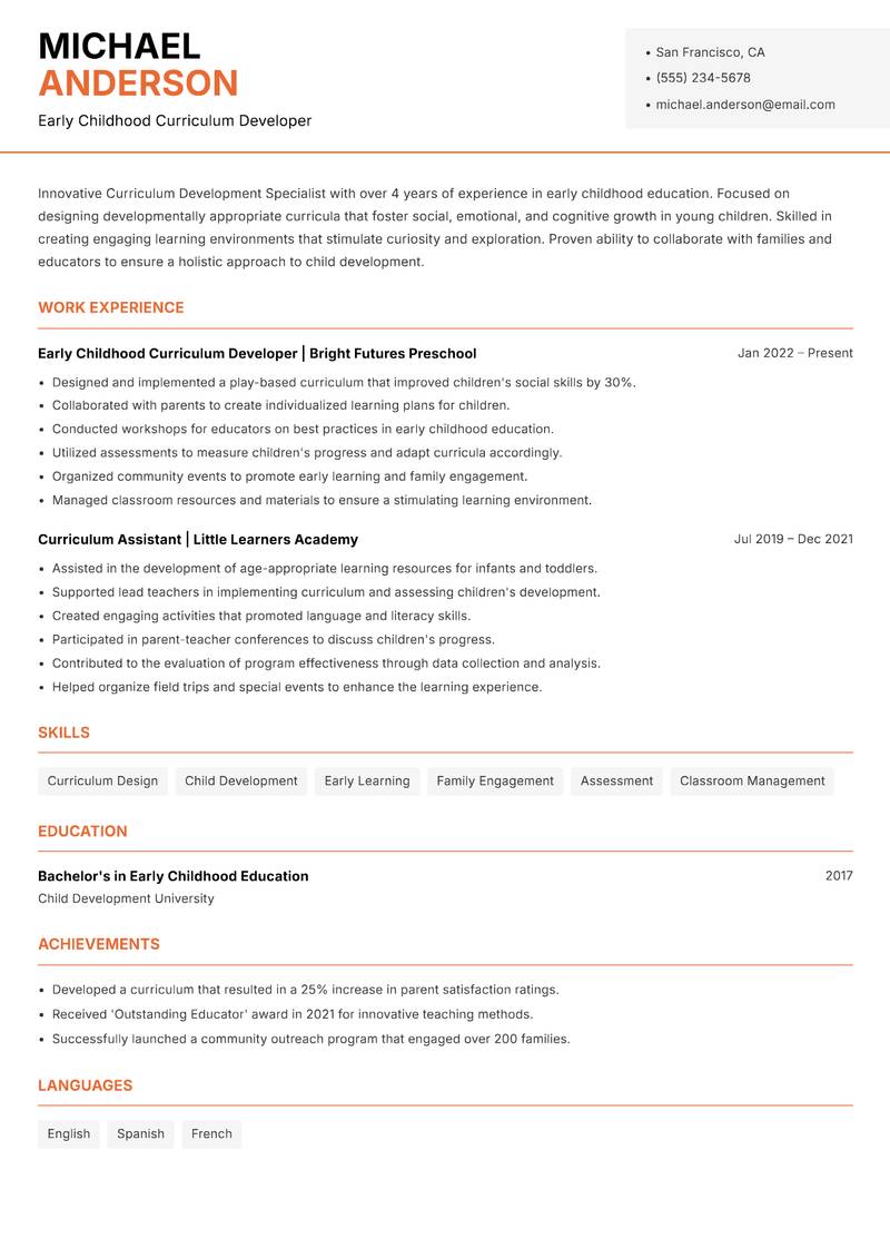 Curriculum Development Specialist Resume Template