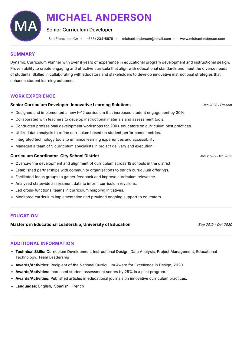 Curriculum Planner Resume Preview Example