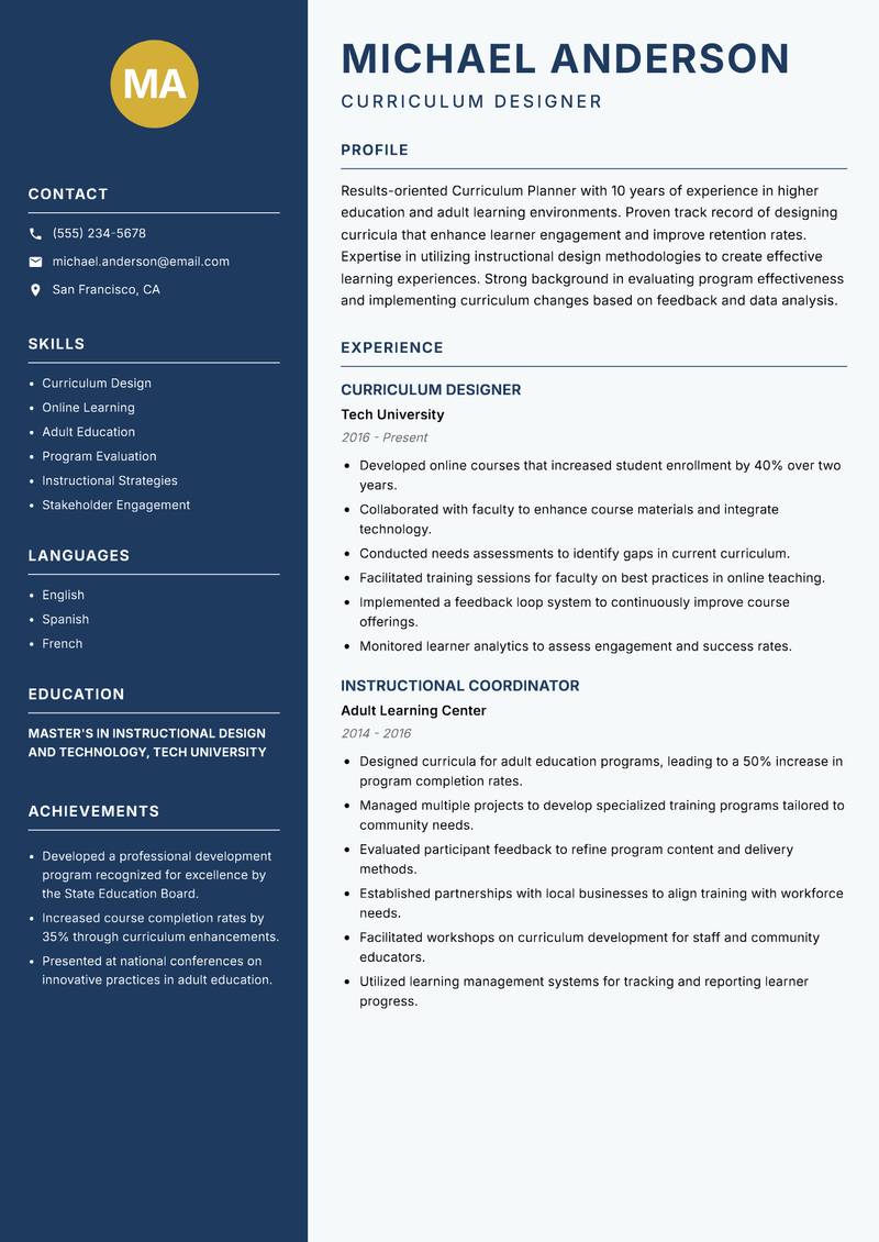 Curriculum Planner Resume Preview Example