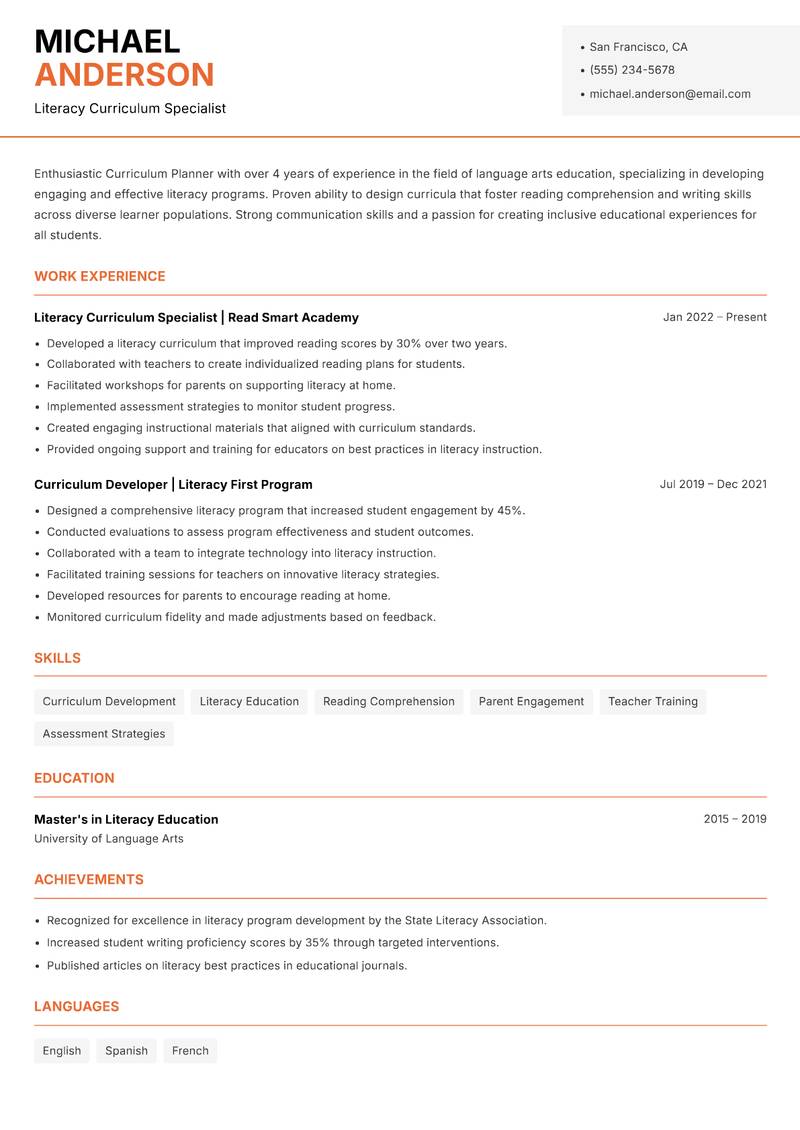 Curriculum Planner Resume Template