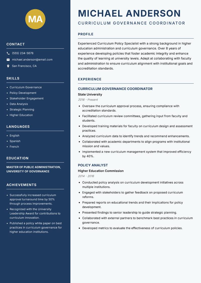 Curriculum Policy Specialist Resume Preview Example