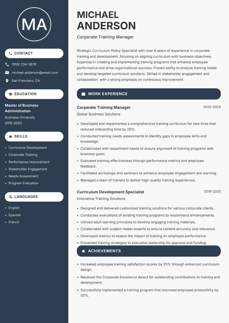 Curriculum Policy Specialist Resume Preview Example