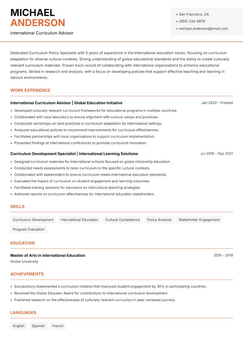Curriculum Policy Specialist Resume Template