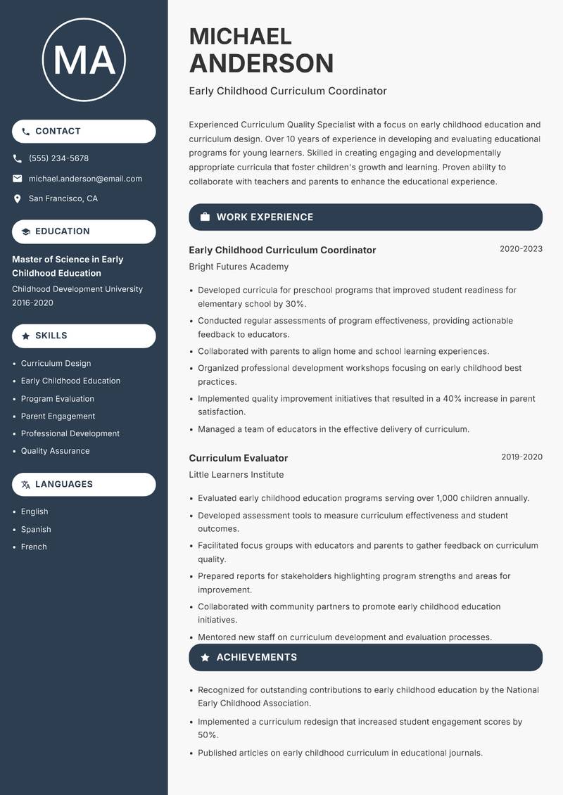 Curriculum Quality Specialist Resume Preview Example