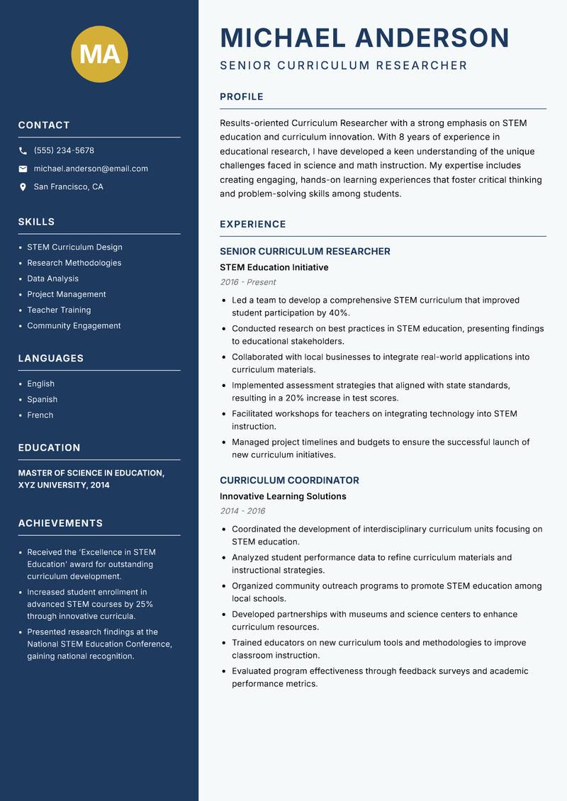 Curriculum Researcher Resume Preview Example