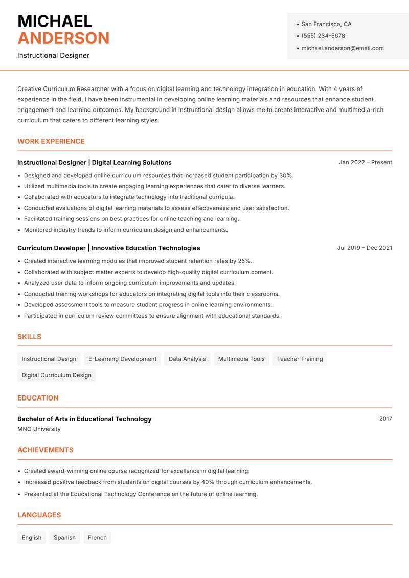 Curriculum Researcher Resume Template