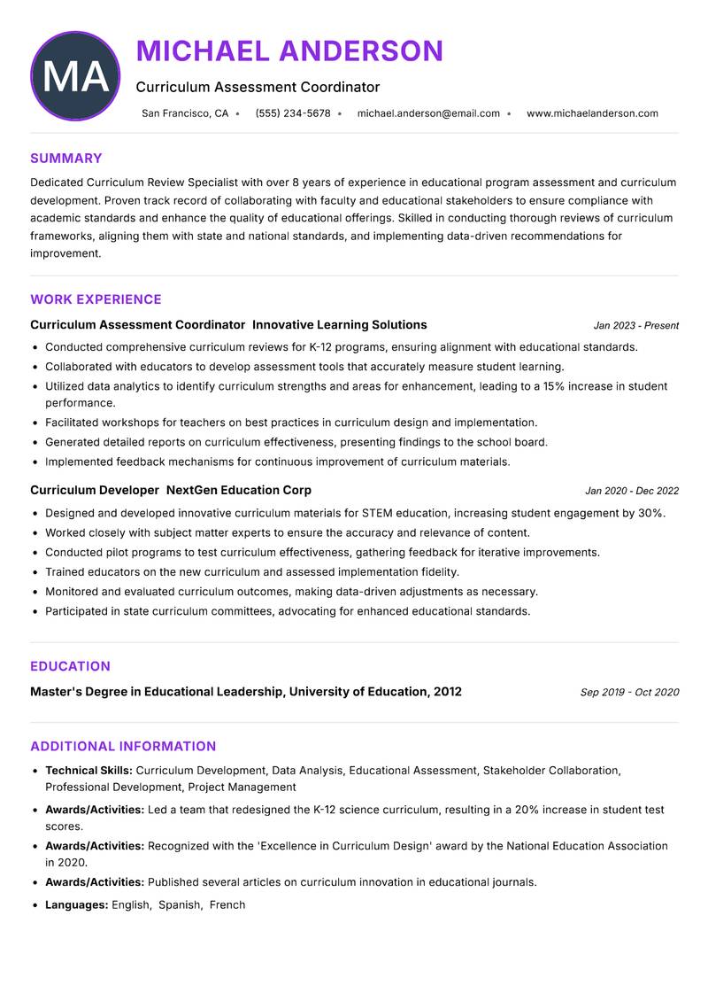 Curriculum Review Specialist Resume Preview Example