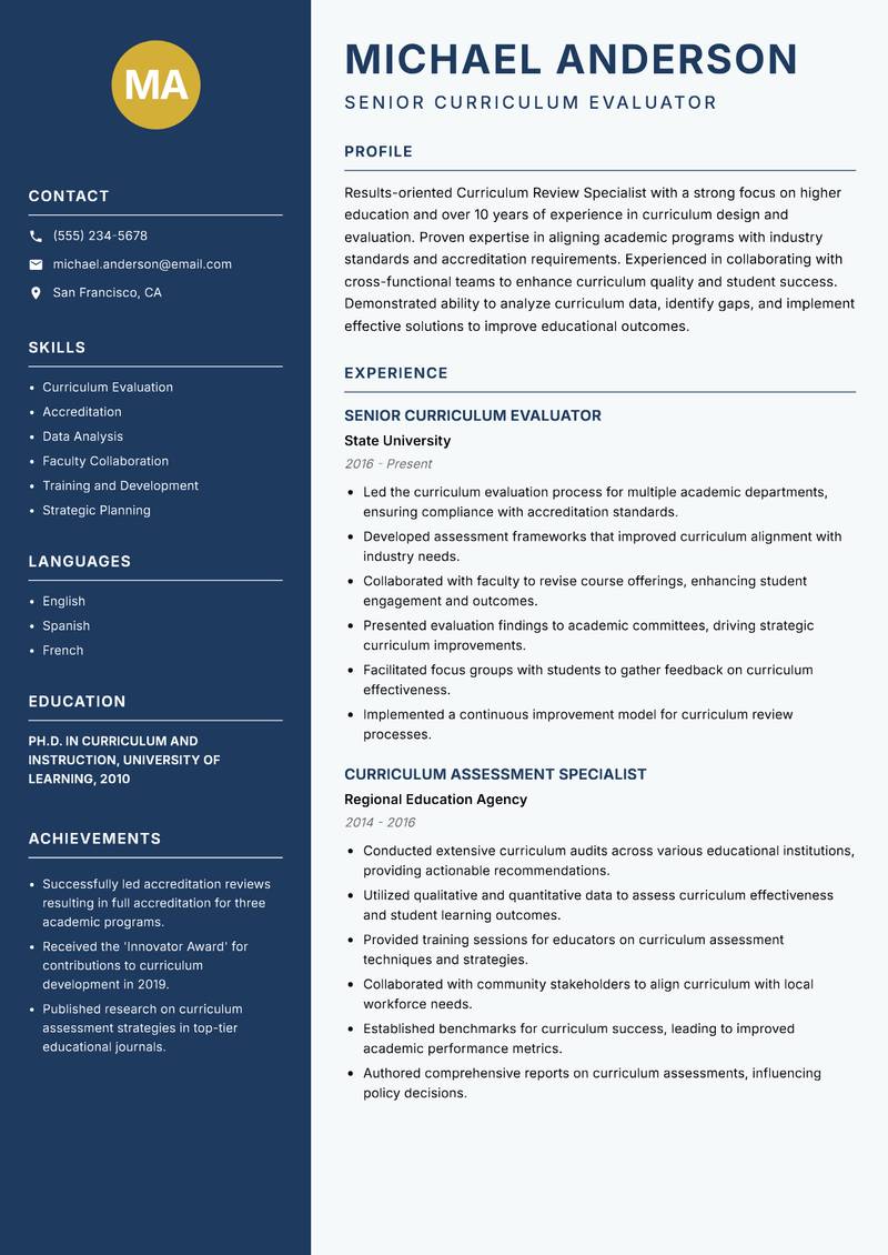 Curriculum Review Specialist Resume Preview Example