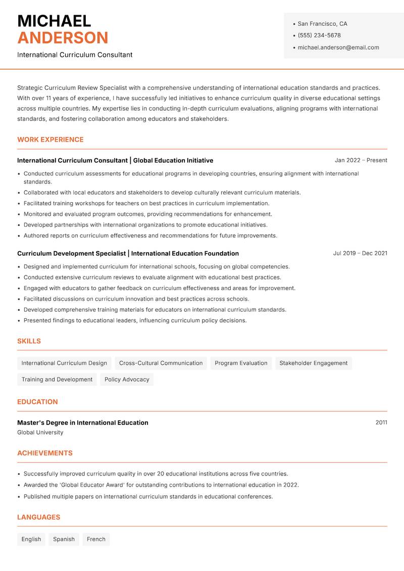 Curriculum Review Specialist Resume Template