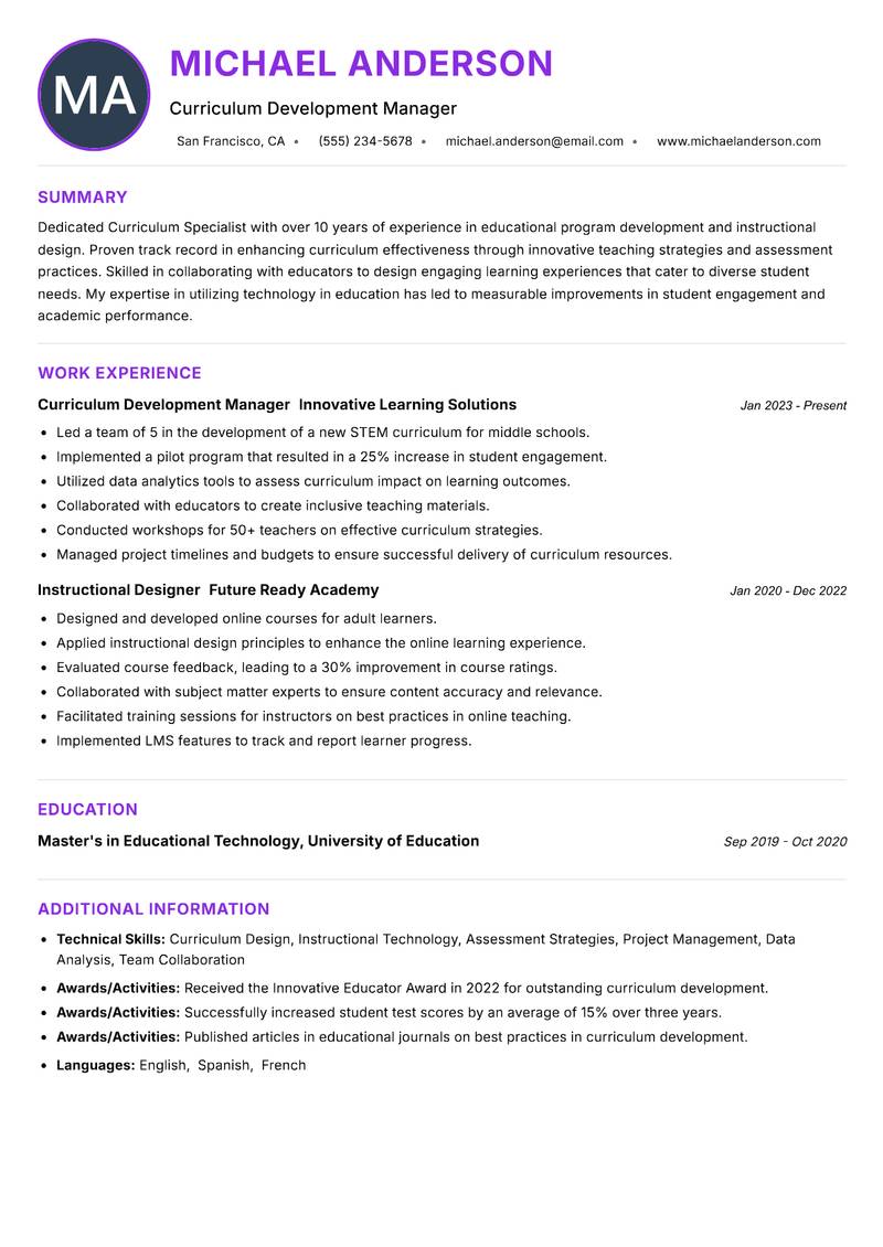 Curriculum Specialist Resume Preview Example