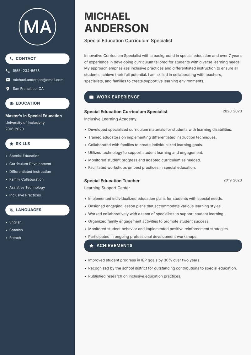Curriculum Specialist Resume Preview Example