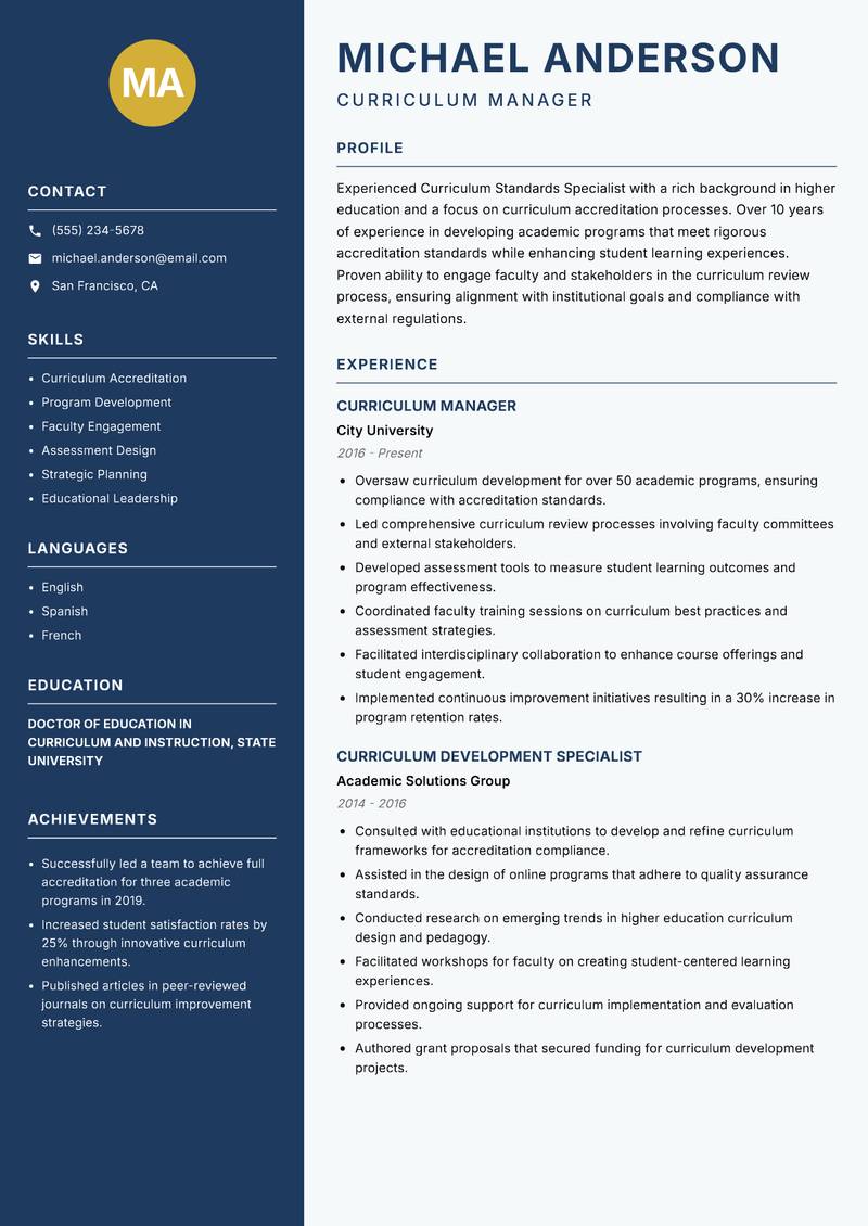 Curriculum Standards Specialist Resume Preview Example
