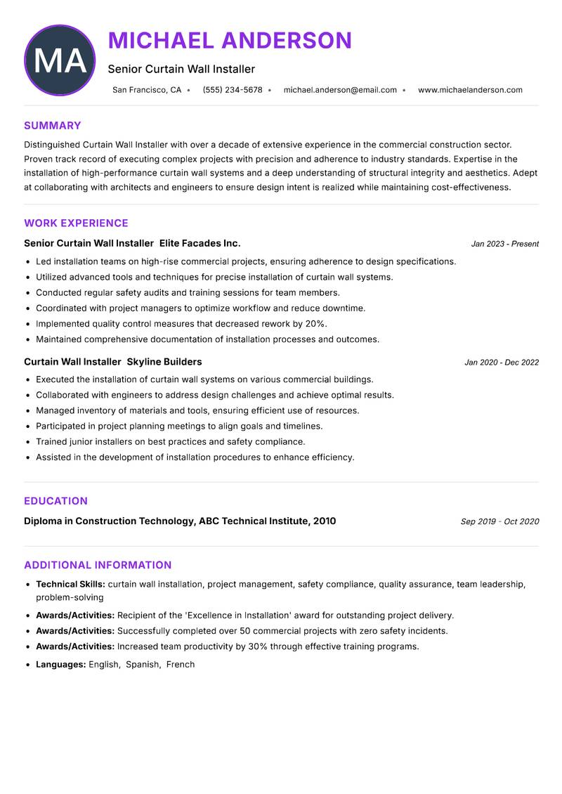 Curtain Wall Installer Resume Preview Example