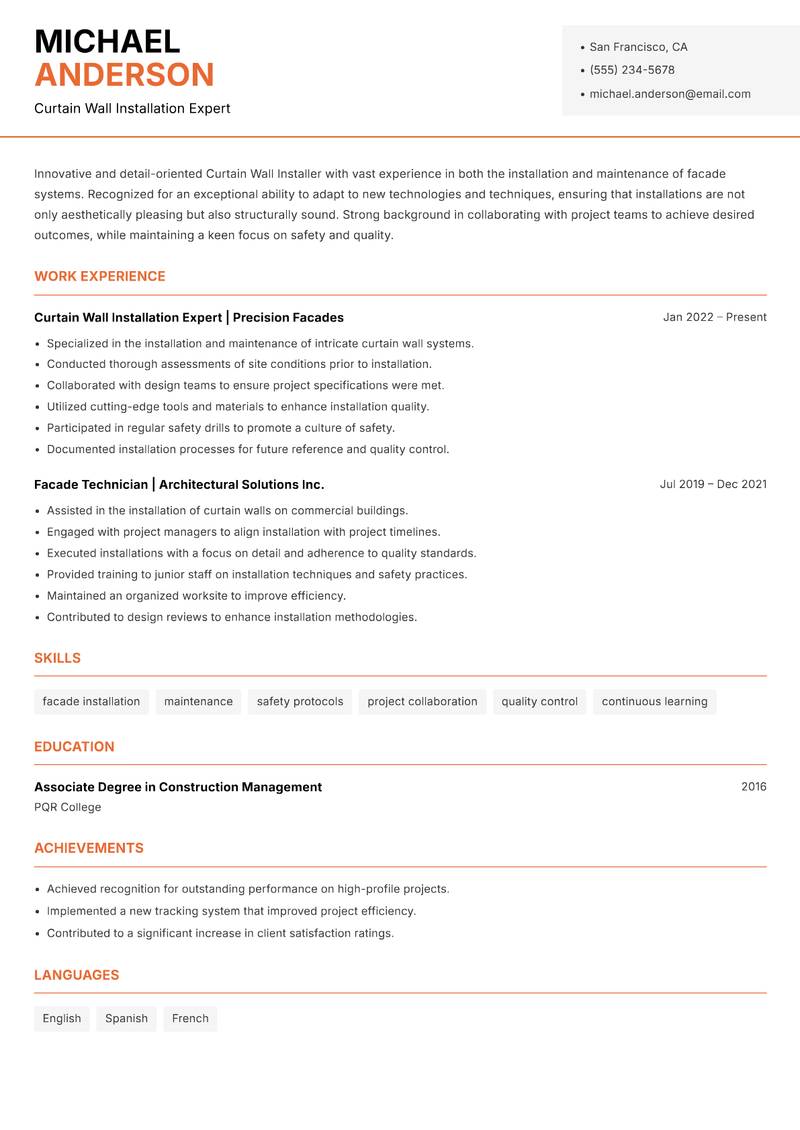 Curtain Wall Installer Resume Template