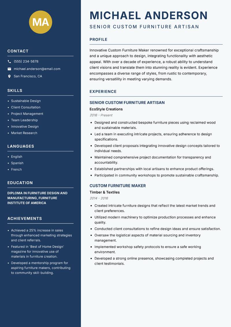 Custom Furniture Maker Resume Preview Example