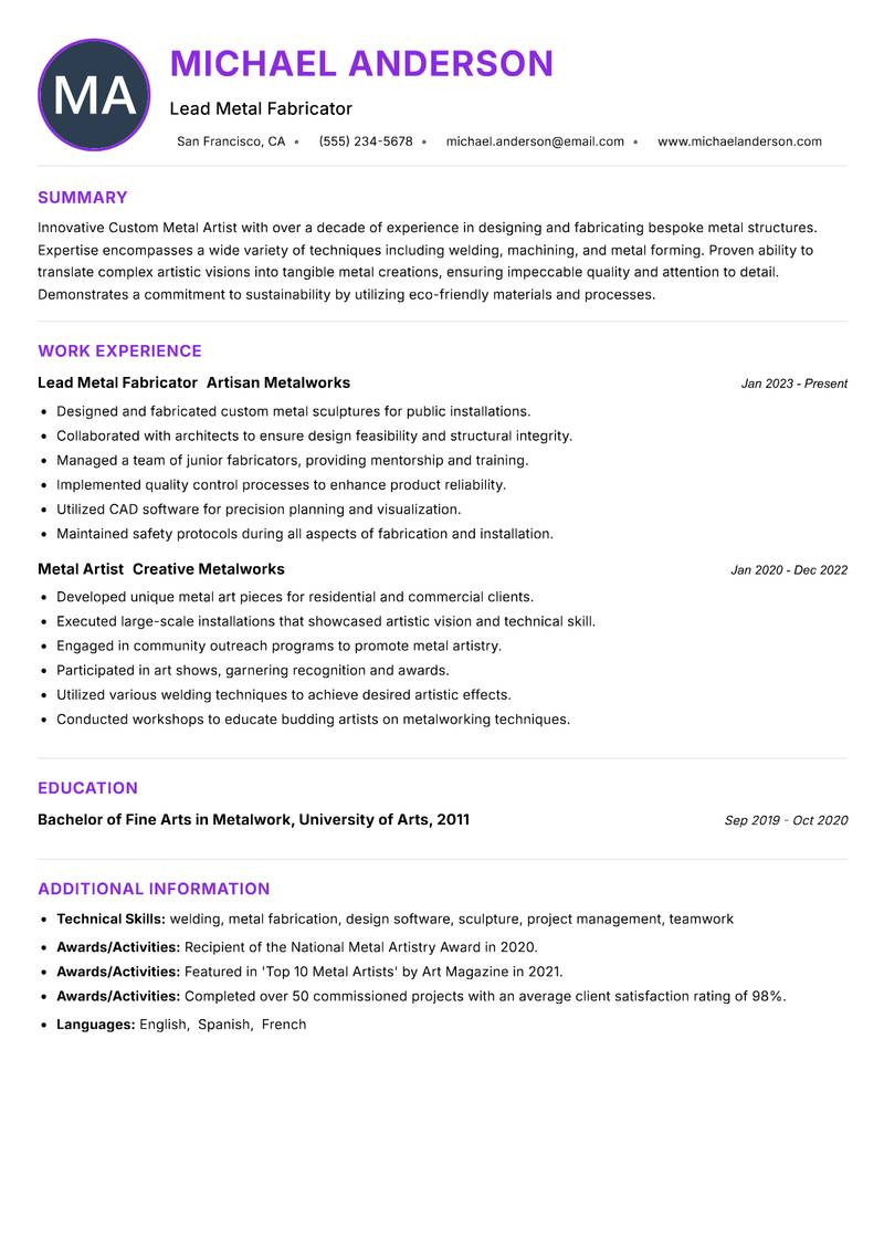 Custom Metal Artist Resume Preview Example