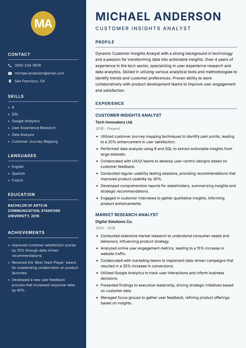 Customer Insights Analyst Resume Preview Example